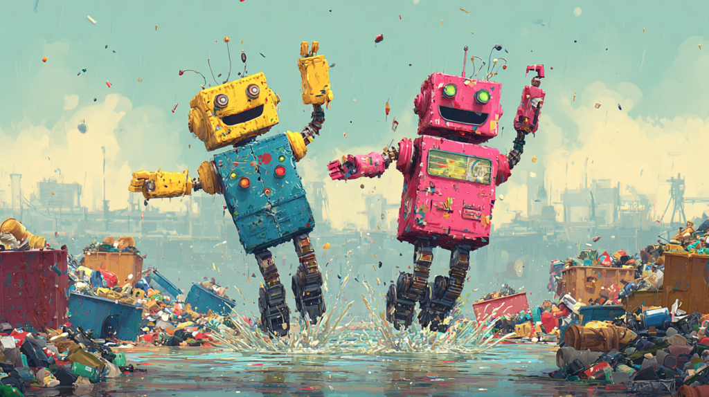 Two happy robots jumping in the air, celebrating