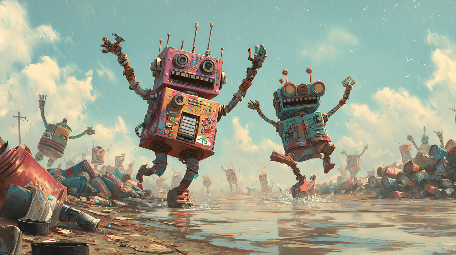 Two salvage robots dancing in a puddle of oil in a landfill.