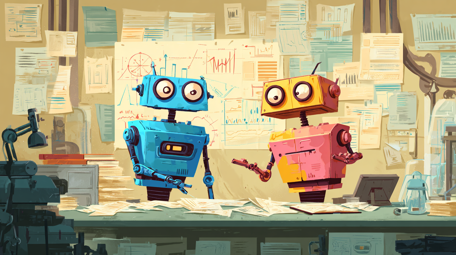 Two robots arguing behind desk with math problems and charts on the backwall.