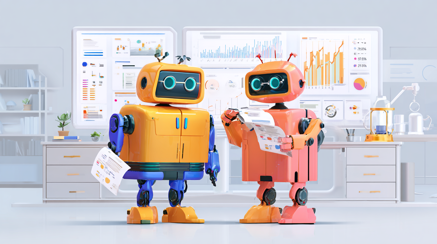 Two robots looking at papers with statistics in the background.