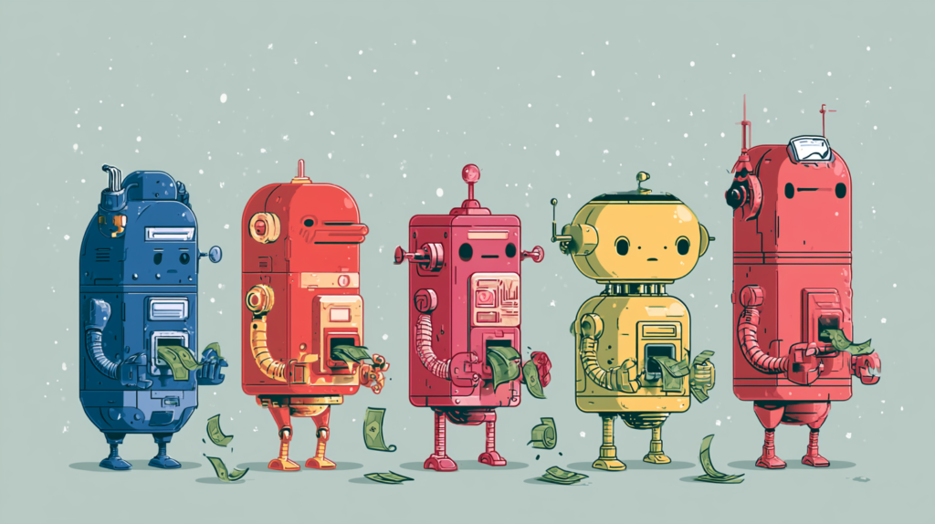 Passive income with AI — a friendly robot tending five small money plants growing on its own.
